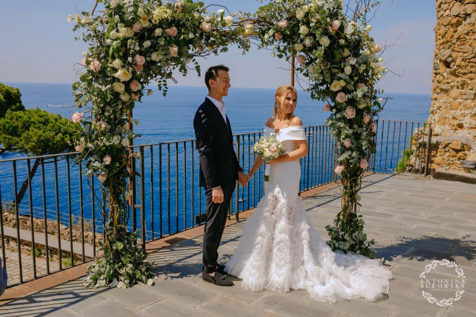 Liguria Taras zamku w malowniczej miejscowości Riomaggiore, Cinque Terre